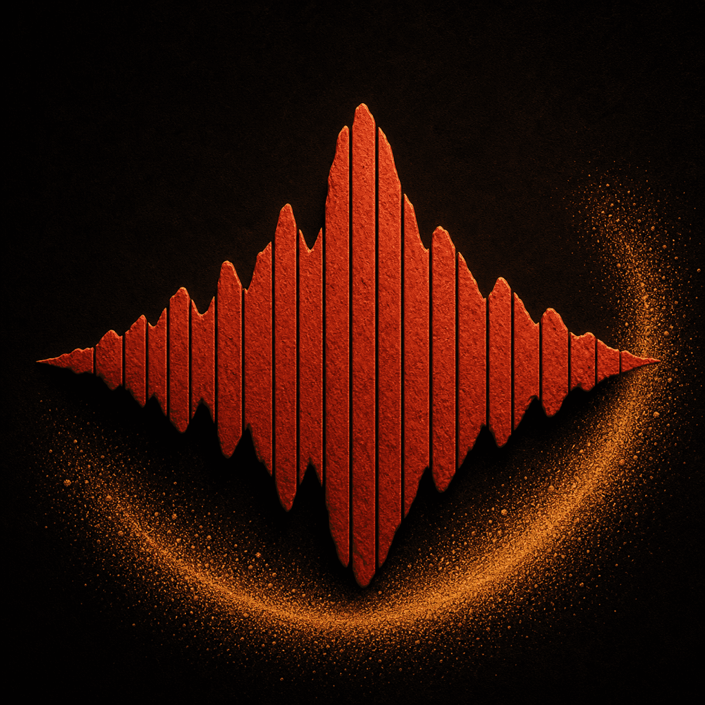 Artwork of a vermilion waveform cut into vertical slices, with an amber arc of grains